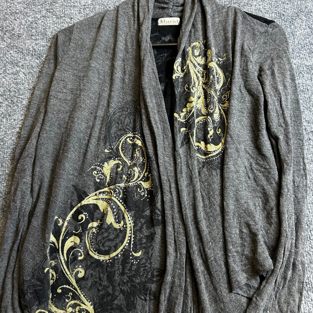 Vocal Cardigan Womens Size S Gray Lace Back Rhinestone Draped Open Front Boho